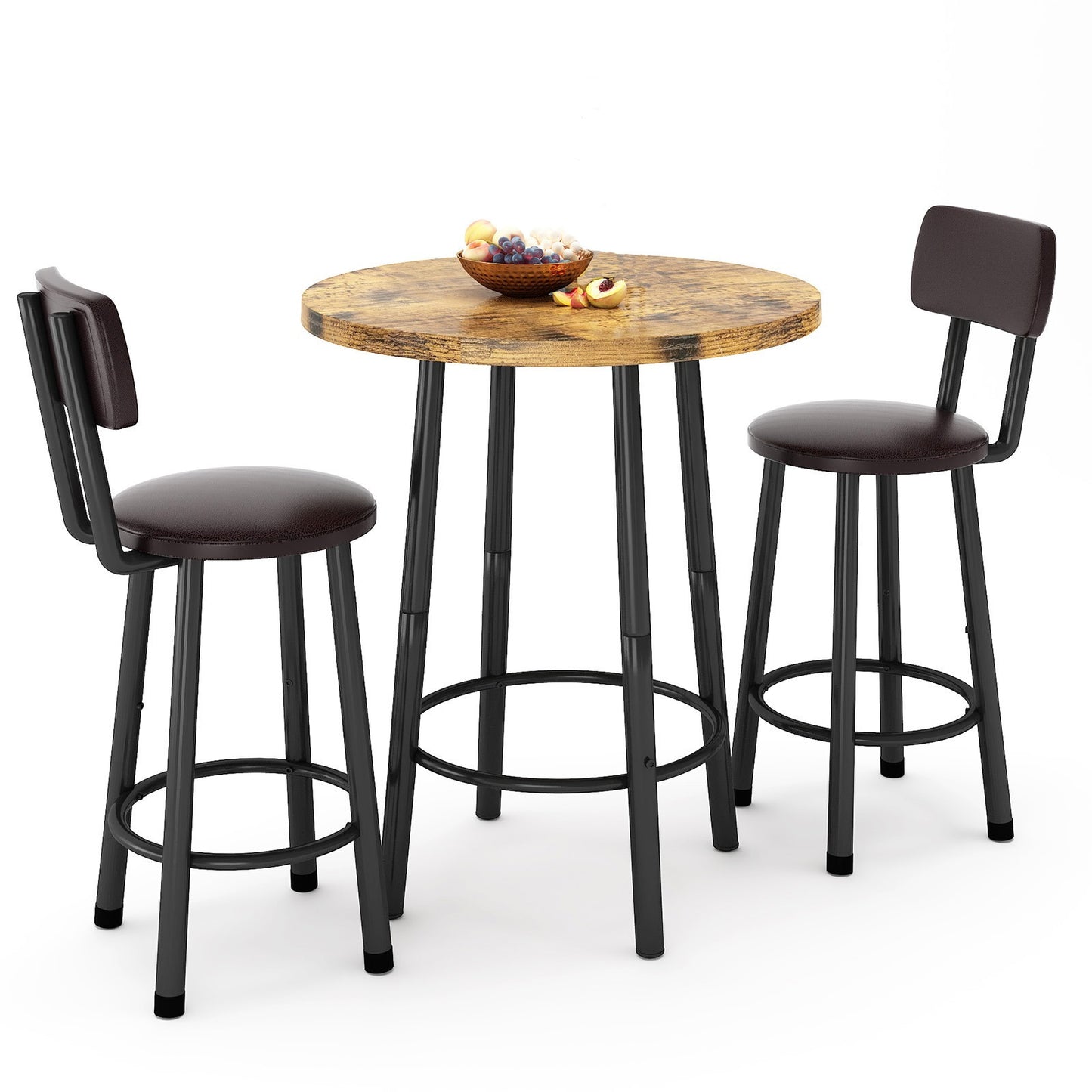 3-Piece Pub Dining Set for 2, Rustic Brown Counter Height Table with Wood Top and 2 Stools, Small Kitchen Table Set for Breakfast Nook, Apartment, Living Room or Bar