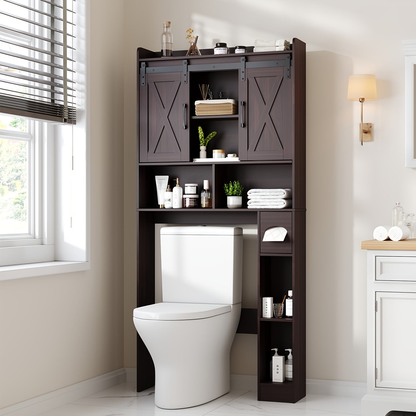 Over-The-Toilet Storage Cabinet with Toilet Paper Holder Stand - Space-Saving -Standing Bathroom Shelf, /Plywood Suitable for Bathroom, Restroom, Laundry Room, Modern with Assembly (No Wall-Mount)