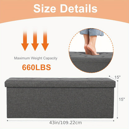 43-Inch Large Folding Storage Ottoman Bench with Padded Seat - Heavy-Duty Footrest & Hidden Compartment, Grey End of Bed Stool for Bedroom/Living Room, Entryway, Holds 660 Lb - Space-Saving Furniture Suitable for Bedroom, Living Room, Entryway