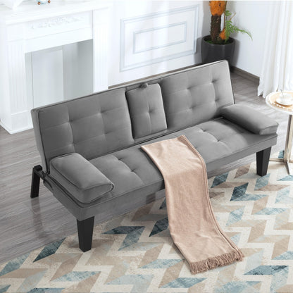 Futon Sofa Bed Convertible 65 Inch Foldable Lounge Chair Sleeper Couch with Adjustable Backrest Detachable Armrests Cup Holders Linen Upholstery Living Room Guest Room Black Gray Blue