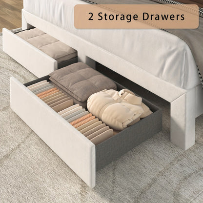 Upholstered Platform Bed Frame with LED Adjustable Headboard, Storage Drawers and Charging Station, No Box Spring Needed, Noise Free, Twin Full Queen, Off White Grey