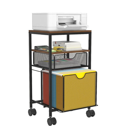 Rolling File Cart with Drawer for Hanging File Folders – Under Desk Office Cart with Paper Trays, Wood & Mesh 3-in-1 File Organizer, 14.8"L x 11.8"D x 27.7"H