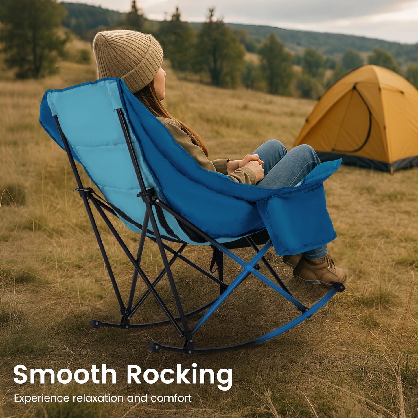 Oversized Rocking Camping Chair, Fully Padded Patio Chair with Cooler Bag and Side Pocket, High Back Portable Lawn Recliner Rocker Chairs for Camp, Patio, Supports 400 lbs