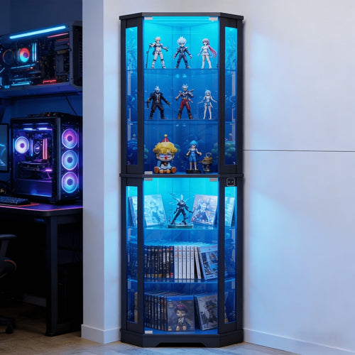 Corner Display Cabinet 6 Tier with 3-Color LED Light & Motion Sensor, Glass Storage Cabinet for Figurines Books Vinyl Records, Living Room Bedroom Game Room Organizer Black