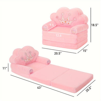 Foldable Kids Sofa Chair, 2-In-1 Toddler Couch Lounger, Luxury Bronzing Faux Rabbit Fur Plush Memory Foam Sofa with Pillow, Machine Washable Cover, Nursery Playroom Seating, Ideal Birthday Gift