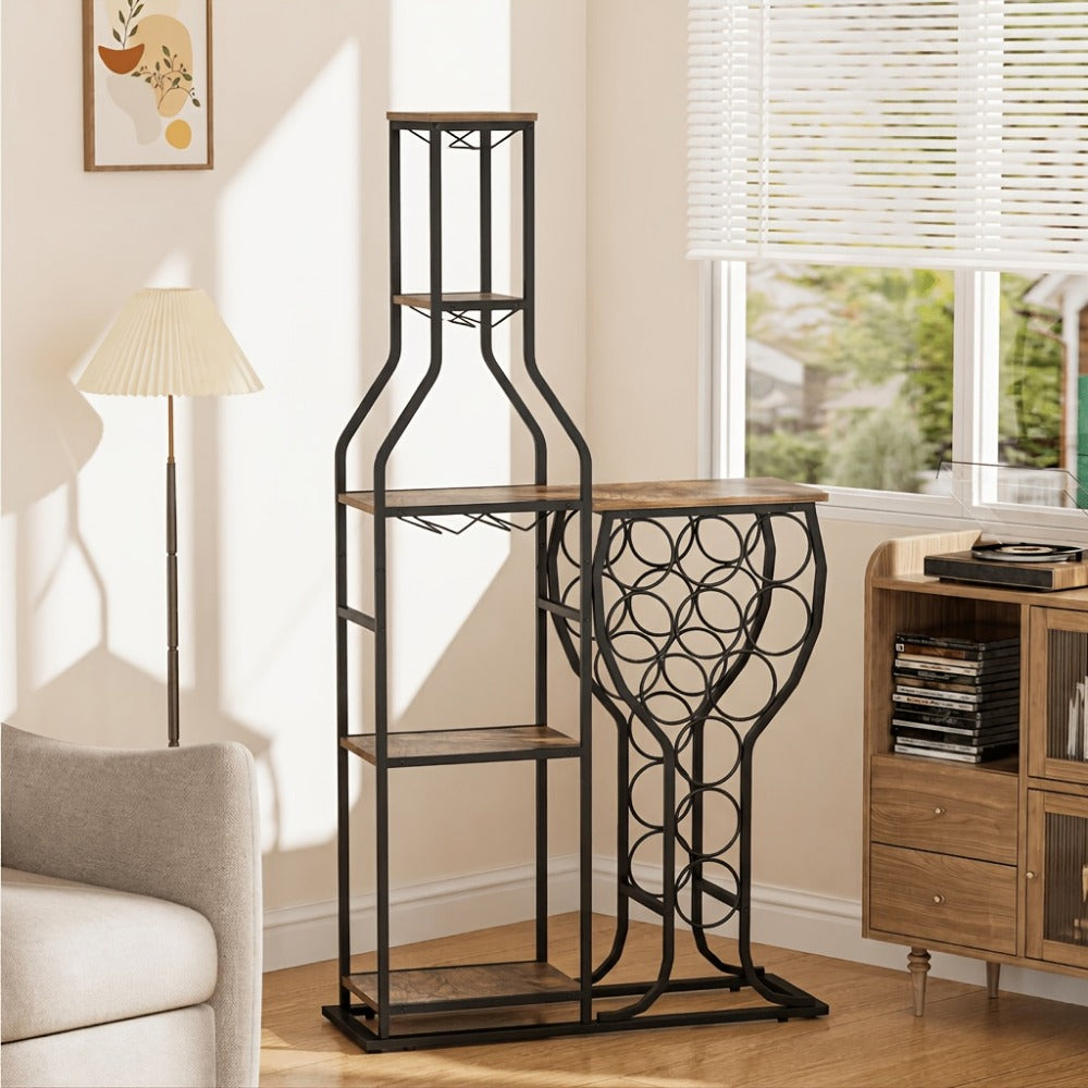 Wine Rack with Hanging Glass Holder & Storage Shelves - 5-Tier Freestanding Baker's Rack for Kitchen, Dining Room & Home Bar, Holds 11 Bottles