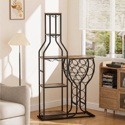 Wine Rack with Hanging Glass Holder & Storage Shelves - 5-Tier Freestanding Baker's Rack for Kitchen, Dining Room & Home Bar, Holds 11 Bottles