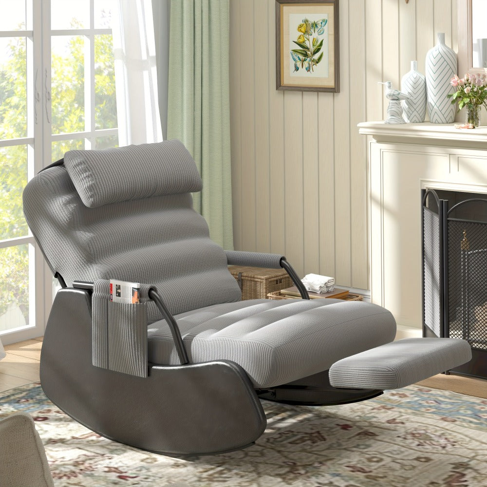 VIWAT Nursery Glider Rocking Chair with Soft Cushioned Seat & Headrest, Corduroy Upholstery Manual Rocker, Plush Accent Chair with Side Pocket for Nursery, Living Room, Bedroom - Dark Grey/Black (No Wood, Easy Assembly) -Friendly