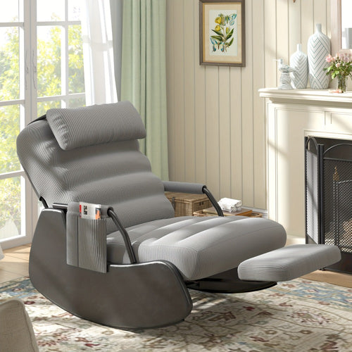 VIWAT Nursery Glider Rocking Chair with Soft Cushioned Seat & Headrest, Corduroy Upholstery Manual Rocker, Plush Accent Chair with Side Pocket for Nursery, Living Room, Bedroom - Dark Grey/Black (No Wood, Easy Assembly) -Friendly