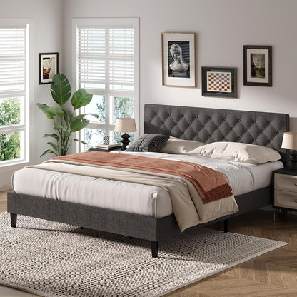 Twin/Full/Queen/King Size Bed Frame With Headboard, Linen Fabric Upholstered Bed Frame With Wood Slats(mattress Not Included), Halloween Decor, Wood Slats For Easy Assembly, Button Tufted, White/Blue/Dark Gray/Light Gray/Pink