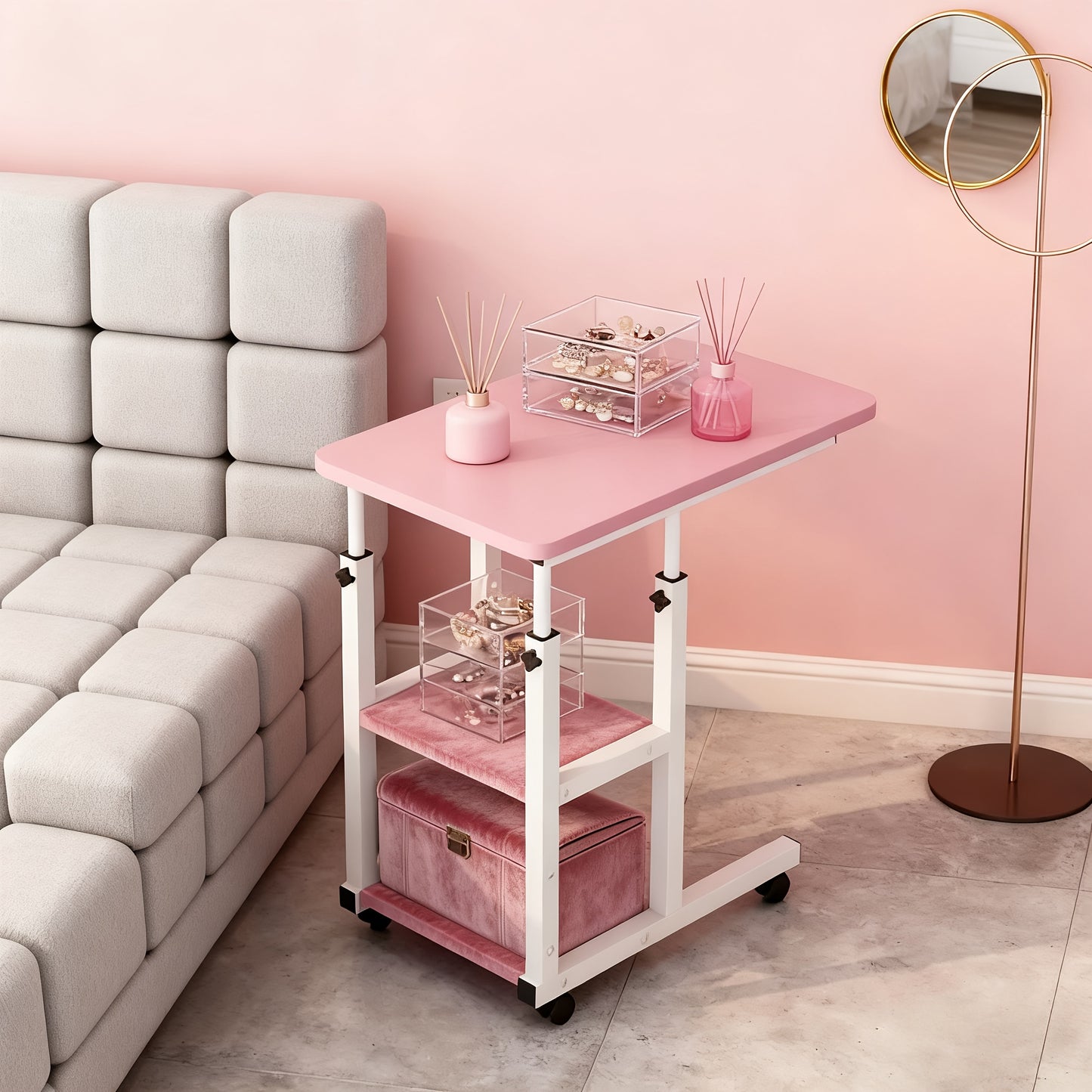 Over-bed Table with 2-layer Storage Rack- Mobile Bedside Table for Sofa, Bed and Bedroom, Versatile Nightstand, Suitable for Snacks, Laptop and Organizing Essentials(solid Metal Frame, Smooth Wheels, Space-saving Design)