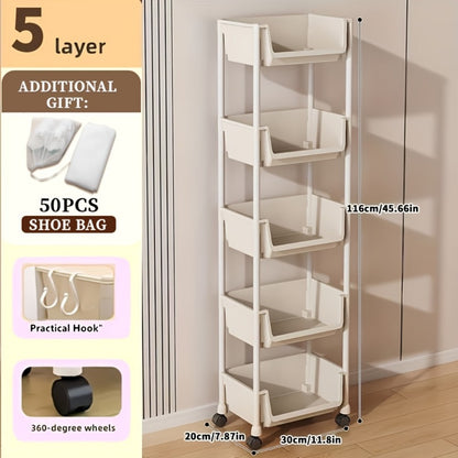 Shoe Rack 3 4 5 Layer with Wheels Hooks Storage Rack Organizer for Entryway Bedroom Closet Kitchen Living Room Office with Shoe Bags Option