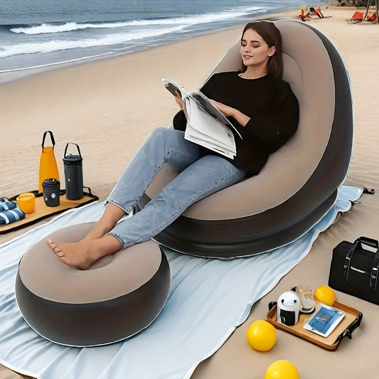 Adult Inflatable Deck Chairs Recliner with Foot Stool Inflatable Patio Lounge Sofa with Foot Pump Heavy-Duty Portable Folding Air Couch Ultra Lounge Space-Saving Indoor/Outdoor Lounge Chair for Living Room Camping Travel Balcony-Easy Setup & Storage