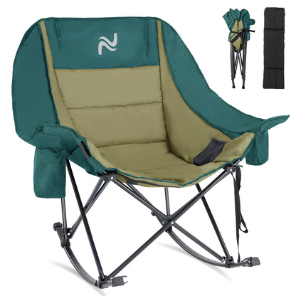 Oversized Rocking Camping Chair, Fully Padded Patio Chair with Cooler Bag and Side Pocket, High Back Portable Lawn Recliner Rocker Chairs for Camp, Patio, Supports 400 lbs