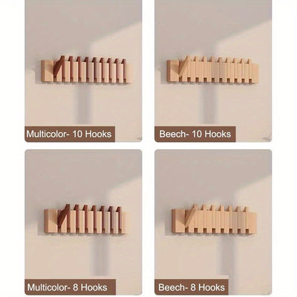 1pc Natural Wood Wall-Mounted Coat Rack with 10 Hooks - Piano-Shaped Accordion Design, Walnut Finish, Space-Saving Vertical Storage for Entryway, Bedroom, Bathroom - Easy Assembly, No Batteries/Electricity, Durable Multi-Purpose Organizer for Coats, Hats,