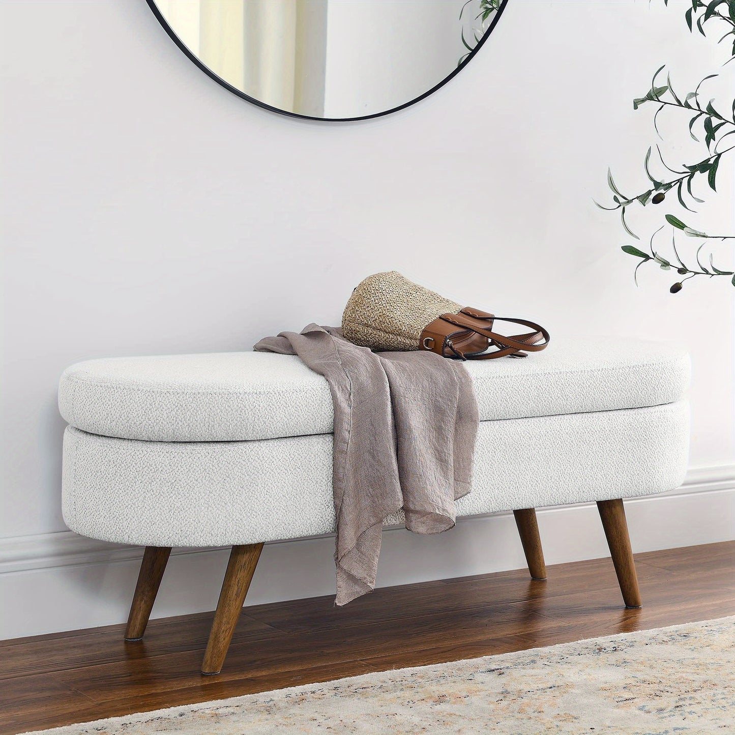 Upholstered Storage Ottoman Bench with Solid Wood Legs, Fabric Padded Footstool & Entryway Bench with Hidden Storage, 43.5" Bedroom Living Room Hallway Bench, 250 lb Capacity, 8 Colors