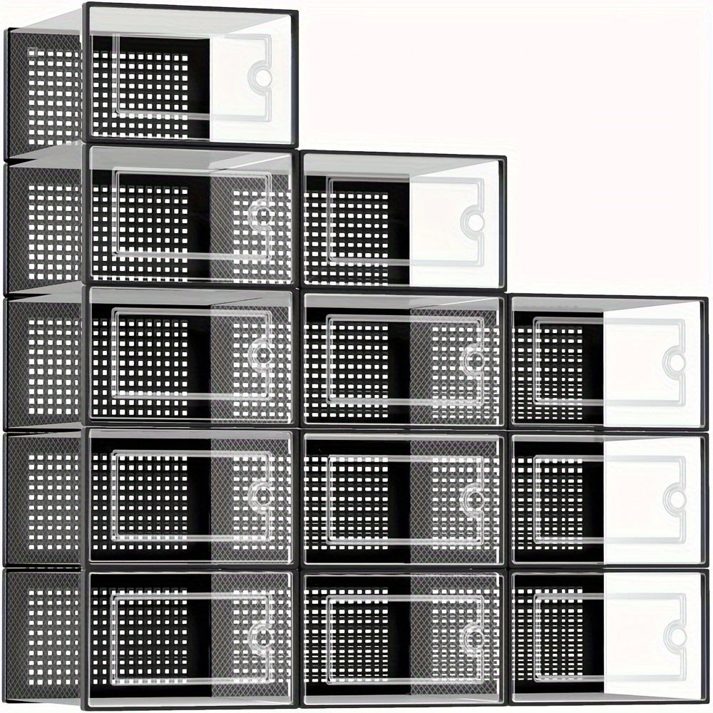 Stackable Shoe Organizer Boxes Clear Plastic with Lid 12/24 Pack, Interlocking Collapsible Shoe Containers for Closet Sneaker Storage, Drop Front Shoe Box in Black White Gray