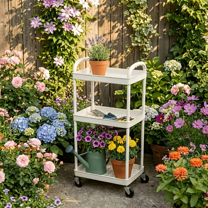 3-Tier Rolling Storage Cart with 360° Swivel Wheels – White Mobile Utility Cart Organizer for Home, Office & Kitchen, 3 Layer Plastic Cart for Books, Snacks & Supplies