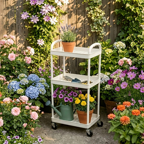 3-Tier Rolling Storage Cart with 360° Swivel Wheels – White Mobile Utility Cart Organizer for Home, Office & Kitchen, 3 Layer Plastic Cart for Books, Snacks & Supplies