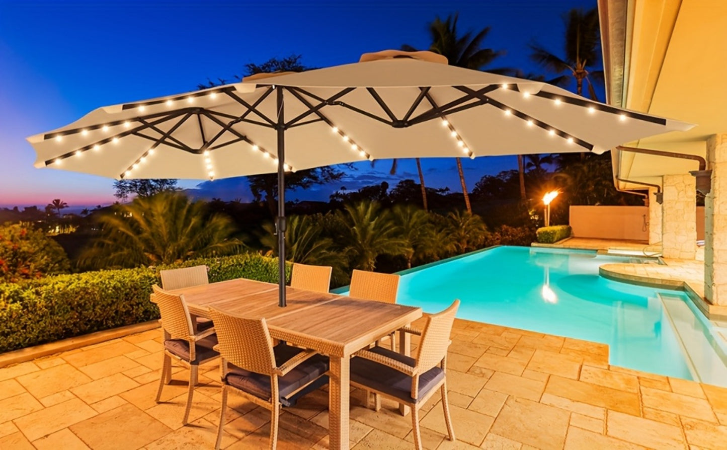 15 Ft Solar LED Patio Umbrella Double Sided with Base 48 LED Lights UPF50+ UV Protection 12-Rib Crank Handle for Lawn Garden Deck Pool 5 Colors