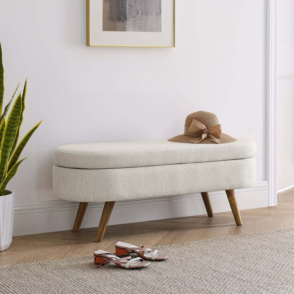 Oval Storage Bench with Linen Upholstery and Solid Wood Legs - Perfect for Hallway, Bedroom, or Living Room Organization