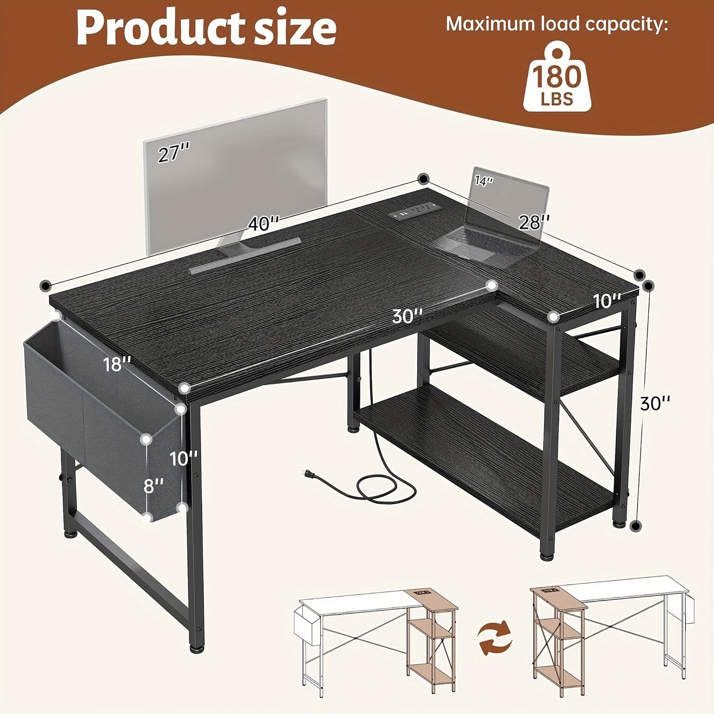 L Shaped Computer Desk with Power Outlets, Computer Desk with Storage Shelves, Home Office Corner Desk for Work, Writing Study Desk with Gaming Desk for Bedroom Office Dorm, L Shaped Desk, Desk, Desk, Computer Desk, Desk Gaming