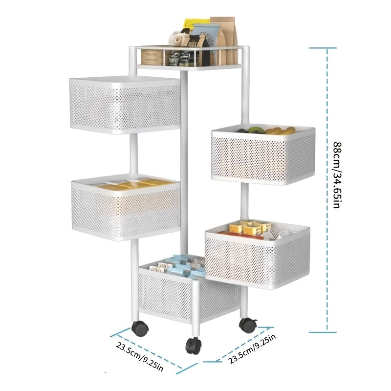 Five Layer Rotating Storage Rack, Metal Fruit And Vegetable Storage Basket, Multi-layer Vegetable Rack, Wheeled Storage Cart, Kitchen Bathroom Floor Standing Basket, Square, Suitable for Kitchen, Bathroom, And Garage Storage., Utility Shelves