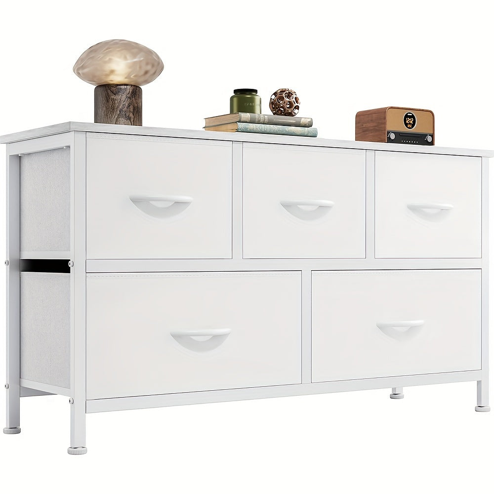 Dresser for Bedroom with 5 Fabric Drawers, Tall Chest Organizer Units for Clothing, Closet, Living Room, Storage Tower with Cabinet, Metal Frame, Wooden Top, Lightweight Furniture, 39.4 X 11.8 X 20.9in