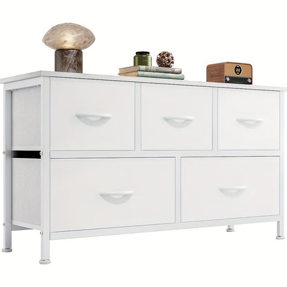 Dresser for Bedroom with 5 Fabric Drawers, Tall Chest Organizer Units for Clothing, Closet, Living Room, Storage Tower with Cabinet, Metal Frame, Wooden Top, Lightweight Furniture, 39.4 X 11.8 X 20.9in