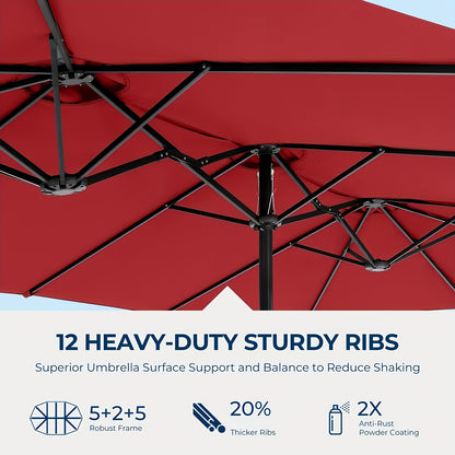 [Double Sided Umbrella] 13ft Double Sided Patio Umbrella with Solar Lights, Includes Stand Base, Outdoor Large Patio Umbrella with Crank Handle, Outdoor Extra Large Market Table Umbrella, 12 Heavy-duty Ribs, for Outside, Market, Patio, Deck, Swimming Pool