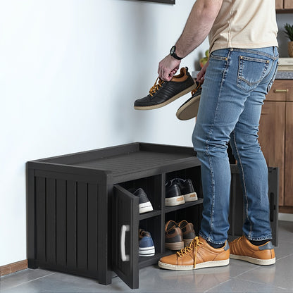 Outdoor Storage Bench with Double Doors & Adjustable Shelf, Entryway Storage Cabinet for Garden Tools & Outdoor Gear, 31.89" Patio Storage Stool in Black & Light Brown, Holiday Gift Idea