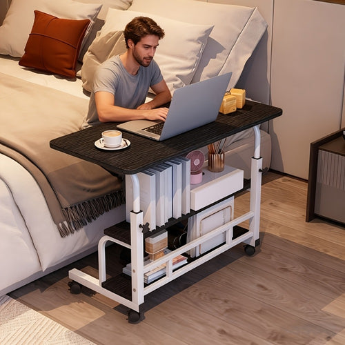 Adjustable Height Mobile Computer Desk with Double-Layer Storage, Wheels & Space-Saving Design – Portable Laptop Table for Bedroom, Sofa, Home Office & Living Room