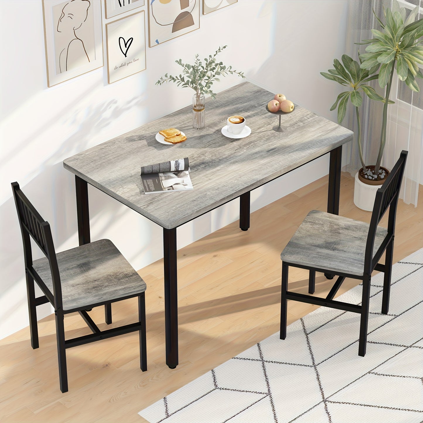 LAMERGE 3pcs Dining Table And Chair Set, Small Space Dining Table And Chair Set, Dining Table, Simple, Suitable for Small Space Living Rooms, Bedrooms And Kitchens Dining Table Set, Perfect Home Furniture, Bedroom Furniture, Spacesaving