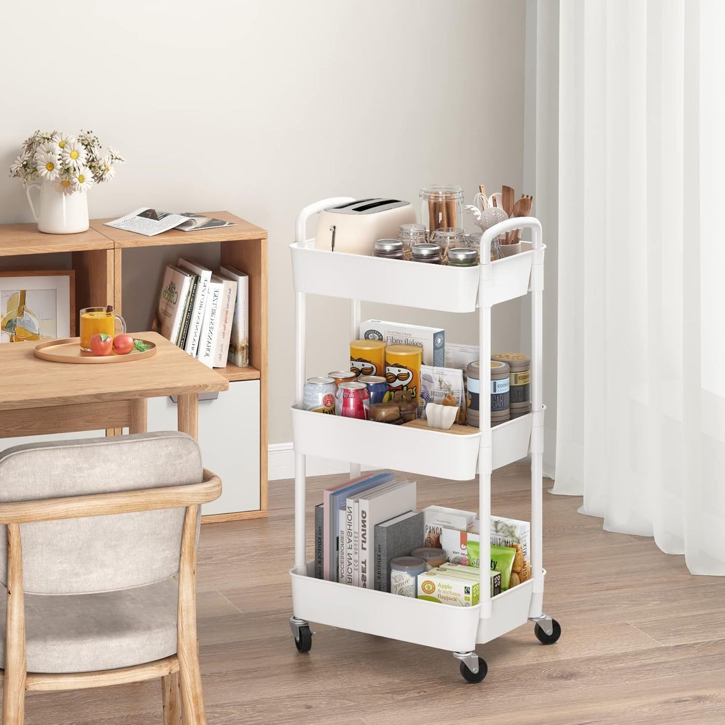 3-Tier Plastic Rolling Utility Cart with Handle, Multi-Functional Storage Trolley for Office, Living Room, Kitchen, Movable Storage Organizer with Wheels