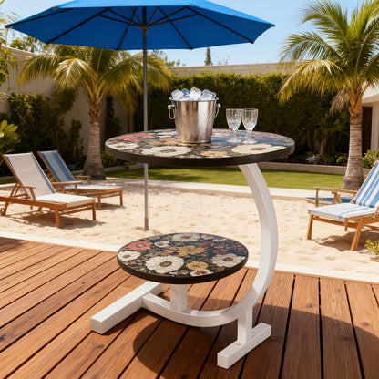 3-in-1 Modern Floral Pattern Multifunctional Courtyard Round Table - Convertible Coffee/side Table/outdoor Furniture, Double-layer Design, Wooden Tabletop And Metal Frame, Suitable for Courtyard, Garden/outdoor Use - Space Saving Circular Design