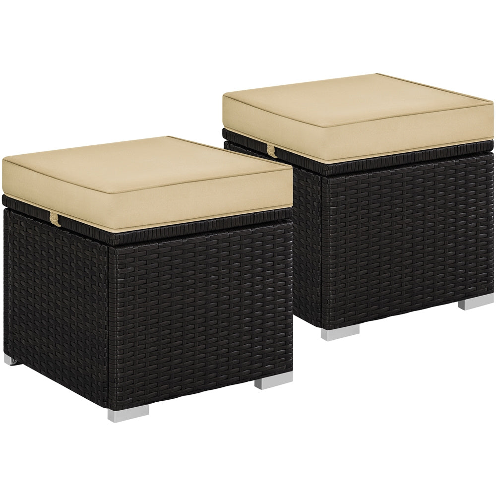 Costoffs 2pcs Rattan Ottomans with Hidden Storage & Removable Cushions, Outdoor Patio Furniture Ottoman Set, Versatile Resin Wicker Footstools, Side Tables, Additional Seating for Garden, Balcony, Deck, Khaki/Gray/Blue
