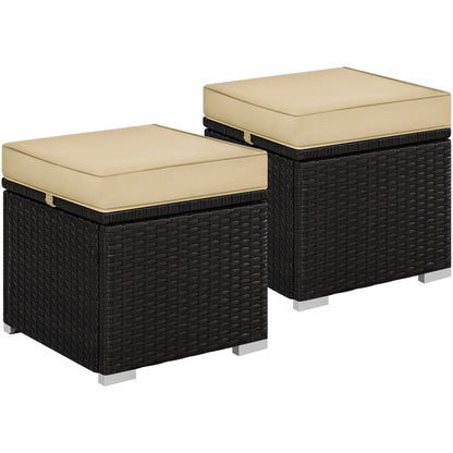 Costoffs 2pcs Rattan Ottomans with Hidden Storage & Removable Cushions, Outdoor Patio Furniture Ottoman Set, Versatile Resin Wicker Footstools, Side Tables, Additional Seating for Garden, Balcony, Deck, Khaki/Gray/Blue