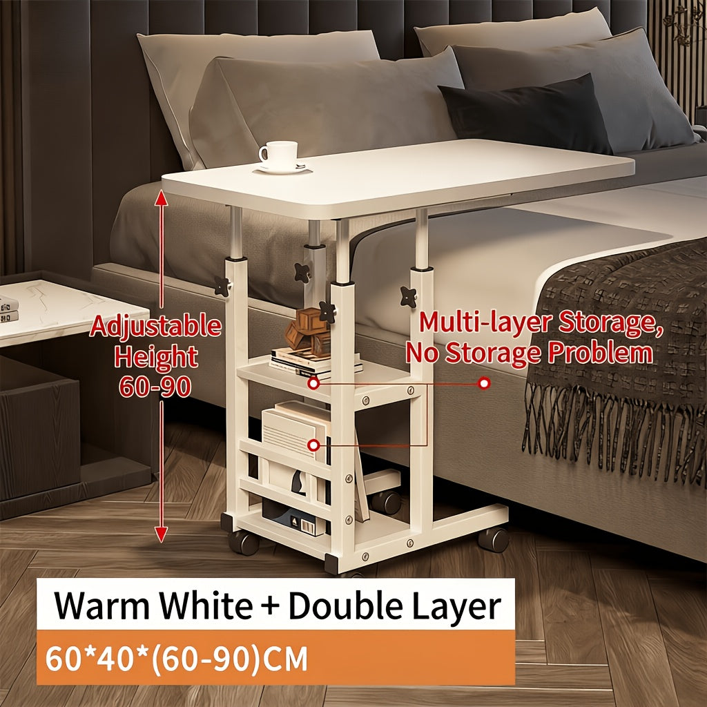 Over-bed Table with 2-layer Storage Rack- Mobile Bedside Table for Sofa, Bed and Bedroom, Versatile Nightstand, Suitable for Snacks, Laptop and Organizing Essentials(solid Metal Frame, Smooth Wheels, Space-saving Design)