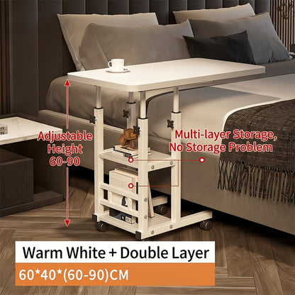 Over-bed Table with 2-layer Storage Rack- Mobile Bedside Table for Sofa, Bed and Bedroom, Versatile Nightstand, Suitable for Snacks, Laptop and Organizing Essentials(solid Metal Frame, Smooth Wheels, Space-saving Design)