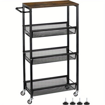 Slim Storage Cart, 4 Tier Rolling Kitchen Shelving Unit On Wheels Mobile Narrow Cart With Wooden Tabletop For Bathroom, Laundry Narrow Places, Brown