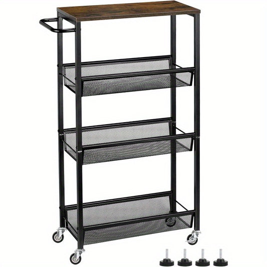 Slim Storage Cart, 4 Tier Rolling Kitchen Shelving Unit On Wheels Mobile Narrow Cart With Wooden Tabletop For Bathroom, Laundry Narrow Places, Brown