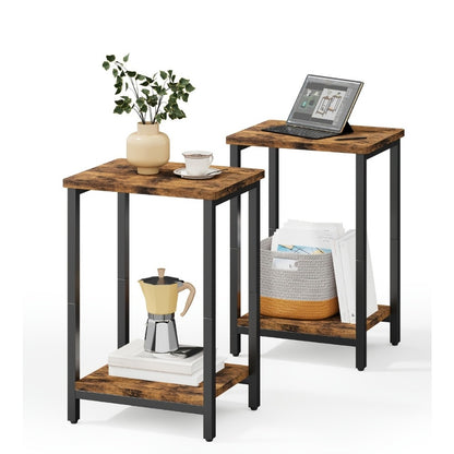Rustic 2-Tier Side Table Set of 2 – Brown & Black Small End Table with Storage Shelves, Sofa Table Nightstand for Living Room Bedroom Office