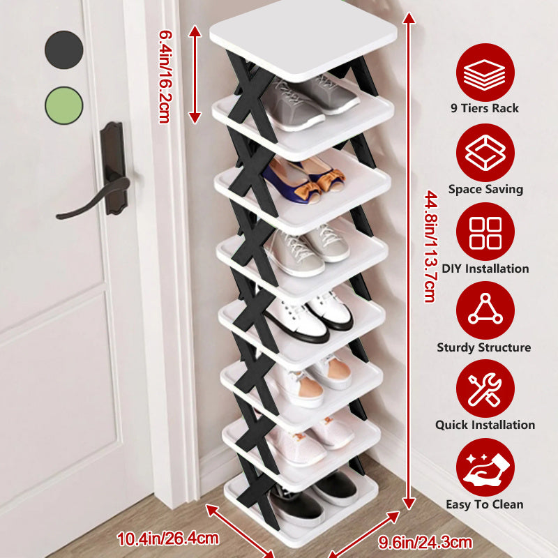 6/9 Tier Narrow Shoe Rack Give Away Shoehorns, Small Vertical Shoe Stand, Space Saving DIY Free Standing Shoes Storage Organizer for Entryway, Closet, Hallway, Easy Assembly and Stable in Structure, White and Green / Black / Blue