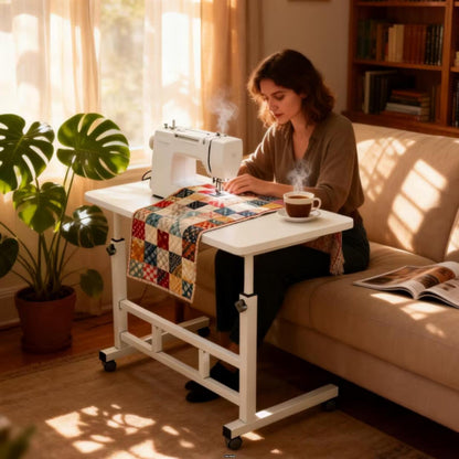 Adjustable Height Wheeled Mobile Table | Movable Multi-Purpose Side Table/Folding Table With Reinforced Frame And Lockable Wheels, Sewing Table With Lift Stand, Available In Black/White - Ideal For Bedrooms, Living Rooms, Studies, Small Spaces