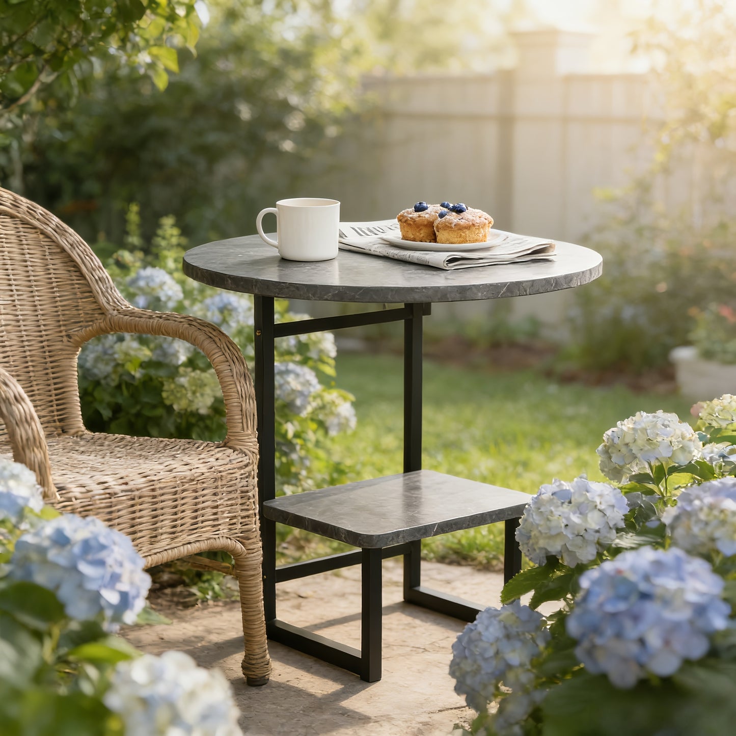 [Outdoor Round Side Table] Outdoor Round Side Table With Double-Layer Storage Shelf, MarbleTexture Imitation Stone Courtyard End Table, Sturdy Black Metal Frame, Weather-Resistant Side Table Is Suitable For Balcony Coffee Corner, Small Space Courtyard/Ter