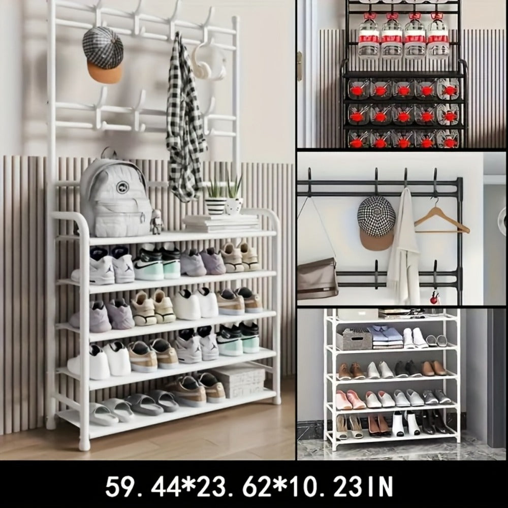 Entryway Shoe Rack with Hooks Multi-Layer Metal Storage Organizer for Shoes Hats Bags Umbrellas, Modern Hallway Shelf Closet Organization System, Black & White
