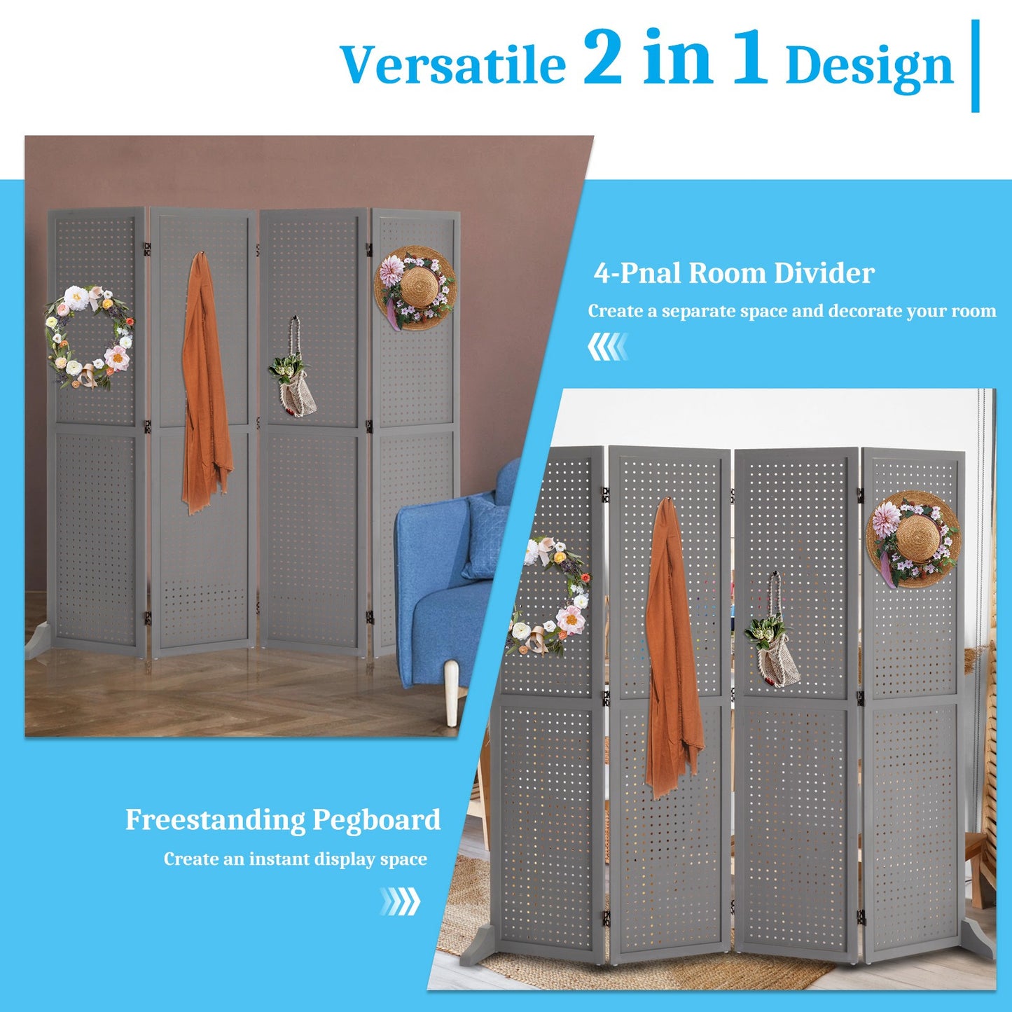VINGLI Freestanding Pegboard with Support Feet, 5 FT Wood Room Divider Display Board Organizer, Folding Privacy Screen Partition Space Separator for Craft Shows Events Retail