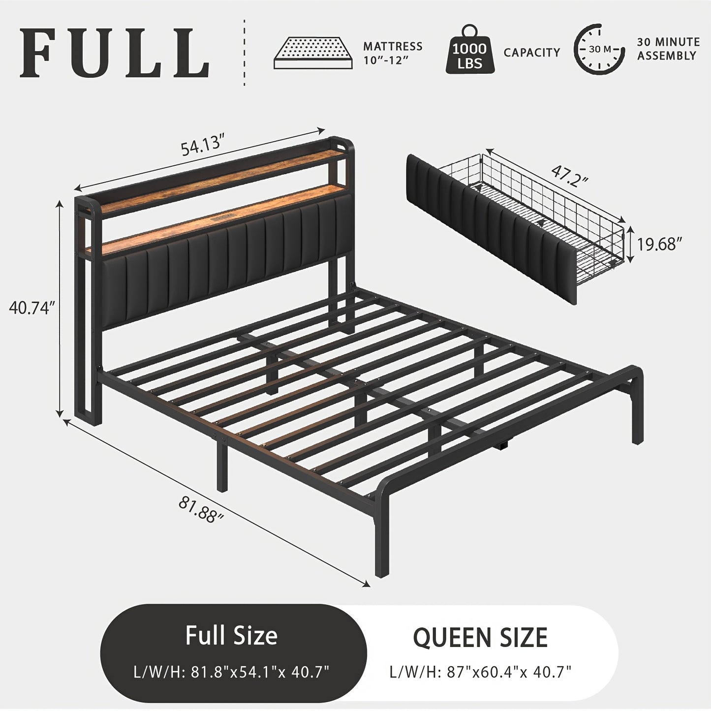 Metal Platform Bed Frame with 2 - Tier Storage Headboard, Hidden Drawers & 12" Under - Bed Space, Full/Queen Size, Black