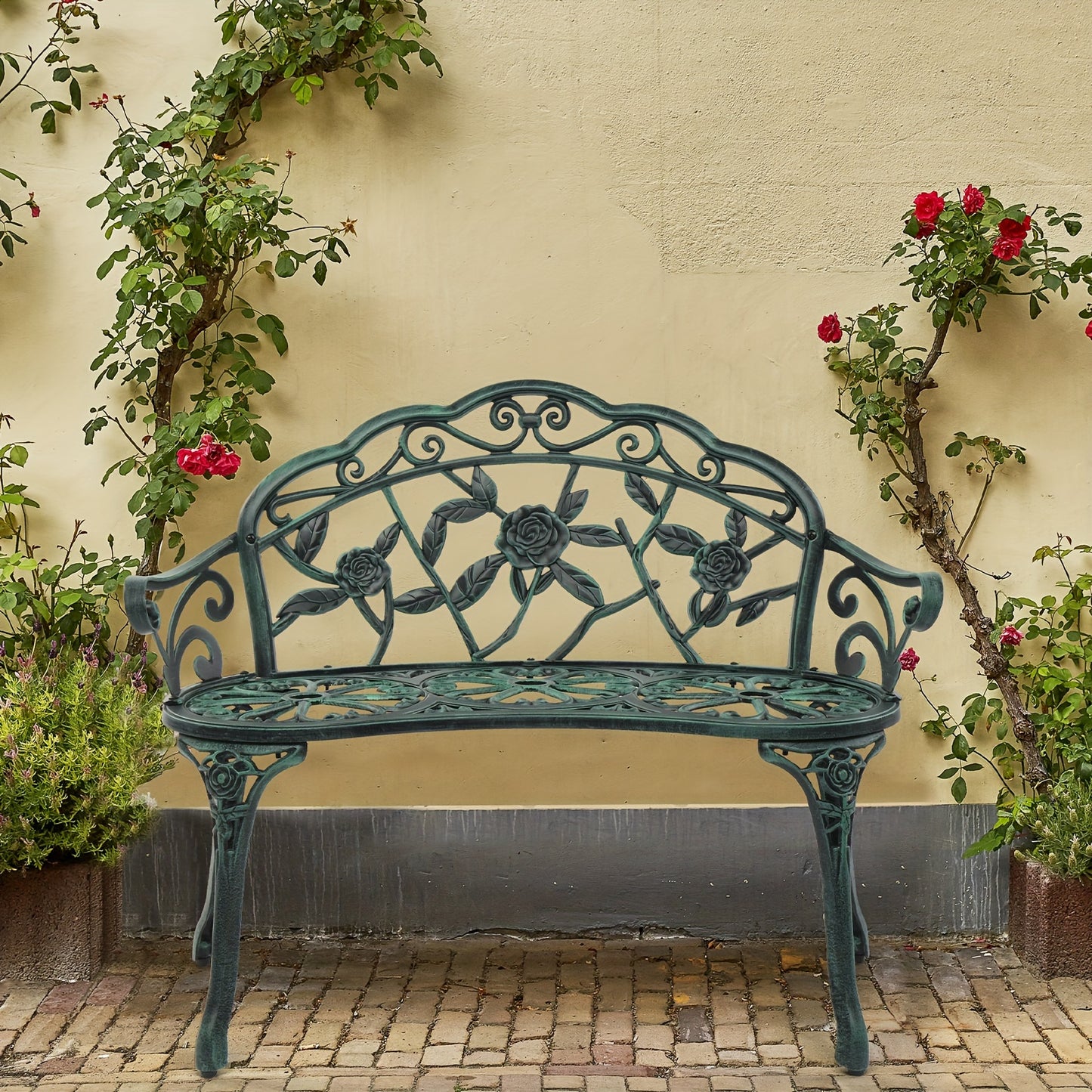 38.5in Rose-Shaped Outdoor Aluminum Patio Bench With Vintage Rose Carved Curved Legs, Suitable For Patios, Courtyards, And Gardens