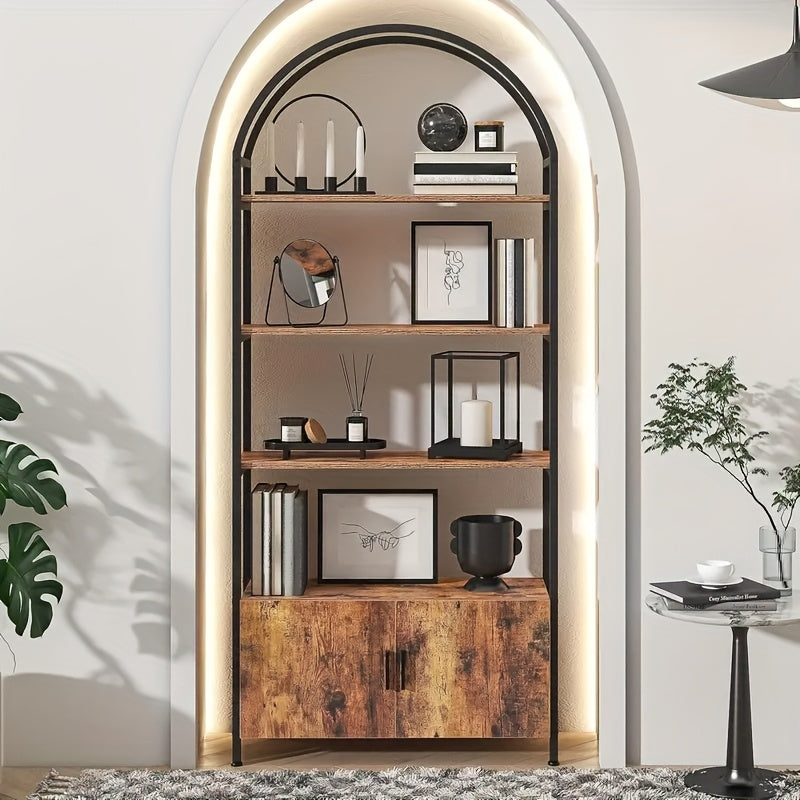 71" Industrial Arched Bookshelf with Doors - Sturdy Metal Frame, Freestanding Display Shelving Unit for Home & Outdoor Leisure